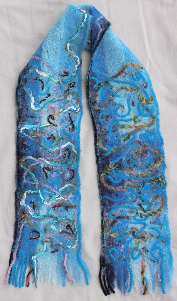Blue Swirl scarf - woven and needle felted wool