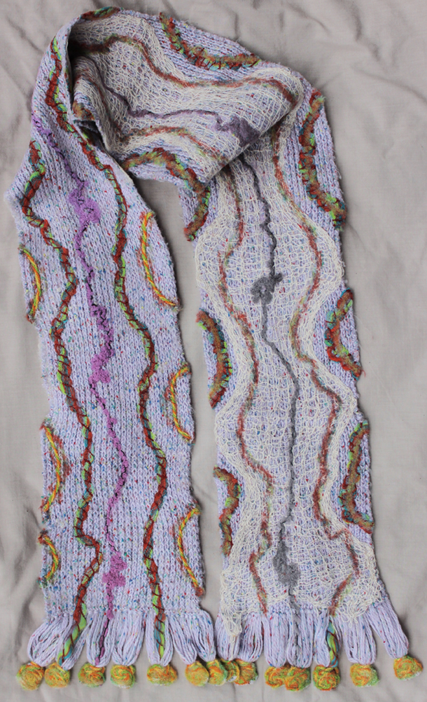 Mauve Wave scarf - knitted and needle felted wool and synthetic yarns