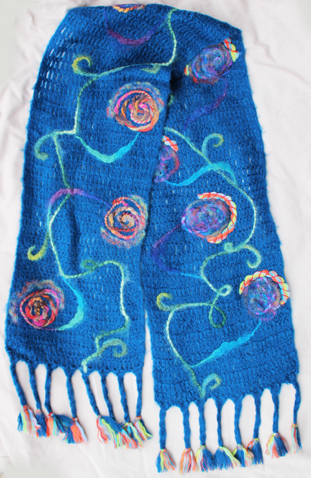 Winding Blooms scarf - crochet with needle felted acrylic and woolen yarns